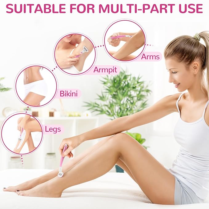 Razors for Women Include 1 Non-Slip Handle and 7 Blade Refills with a Shower Holder, 5 Premium Blades Women's Razors for Shaving with 360° Lubrication Reduces Irritation, Pink