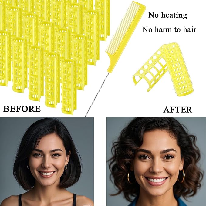 ZMD 28PCS Small Plastic Hair Rollers Set, 0.6In/1.5cm Snap on Rollers Self Grip Hair Curlers Heatless Rollers with Comb Hairdressing Curlers Tools for Women/Men Short Thin Fine Hair (Yellow)