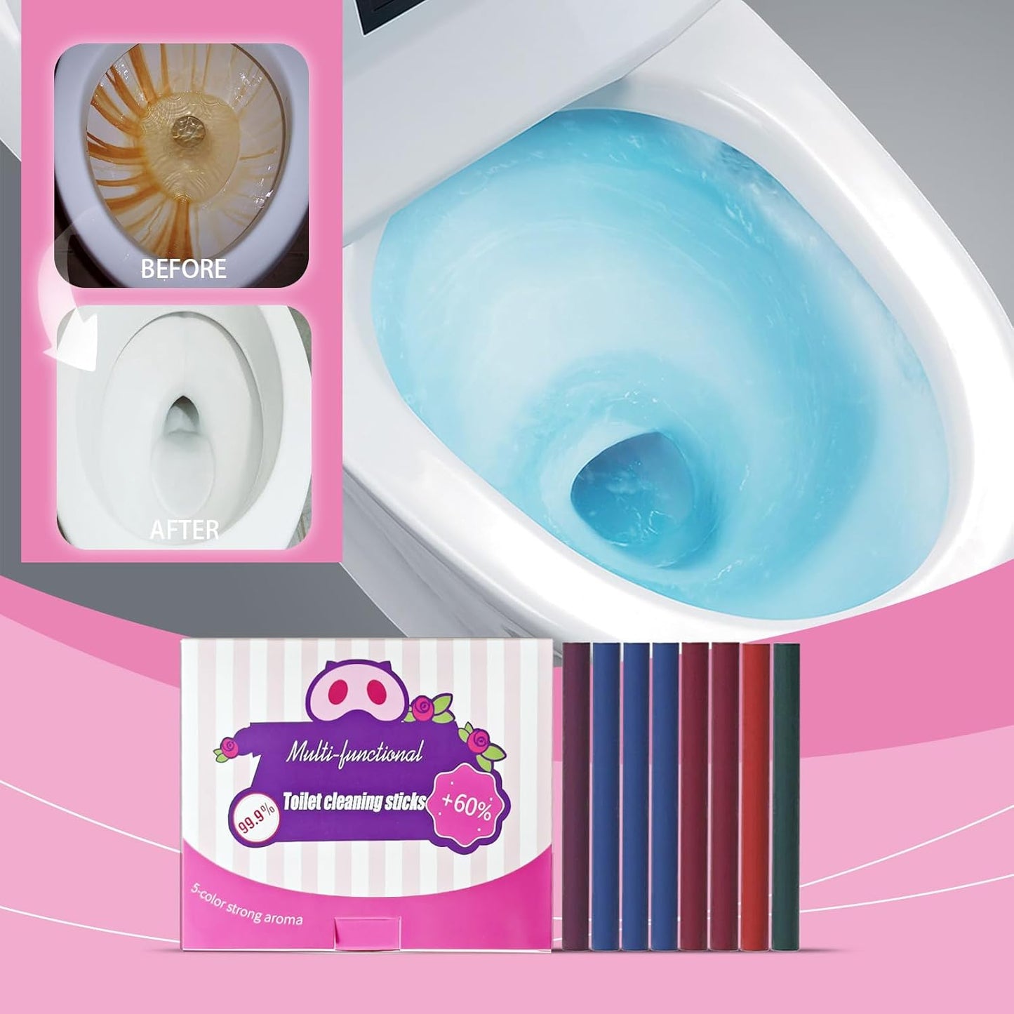 Multi-Functional Toilet Cleaning Sticks, 5 Colors, Long-Lasting Tank Cleaner and Bowl Freshener