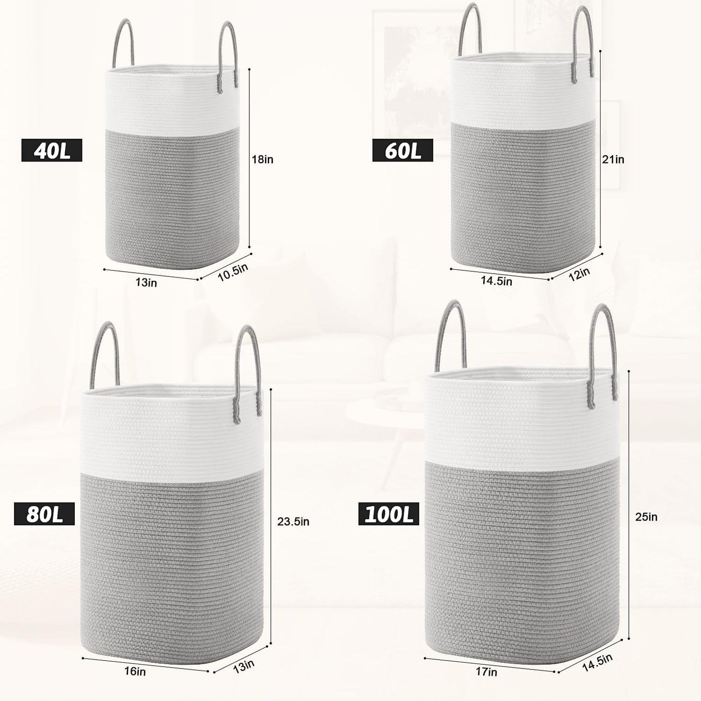 Laundry Basket,Woven Cotton Rope Laundry Hamper,Versatile Storage for Dirty Clothes,Baby Toys,and Blankets in Bathroom, Nursery,and Living Room (Grey, 60L)