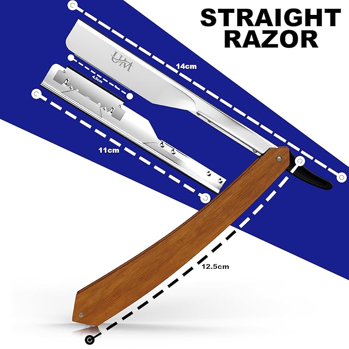 UM Supplies Straight Edge Razor with 100 Replaceable Single Edge Blades kit | Men's Straight Shaving Razors | Navajas para Barbero (Wooden Straight)