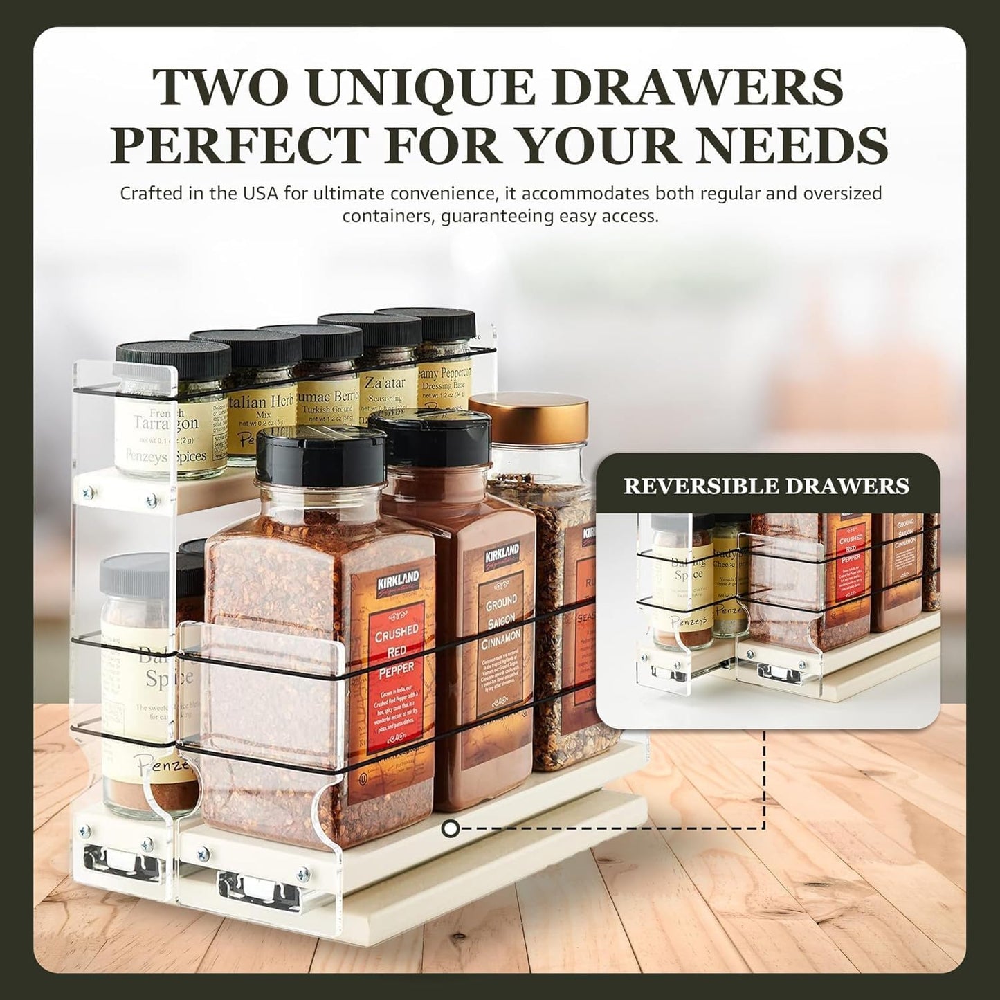 Vertical Spice Combo Spice Rack Drawer - Pull Out Pantry Organizers and Storage - Kitchen Cabinet Organizer - Seasoning Sliding Caddy - Made in USA (5.75" W x 9.25" H x 10.60" D, Partially Assembled)