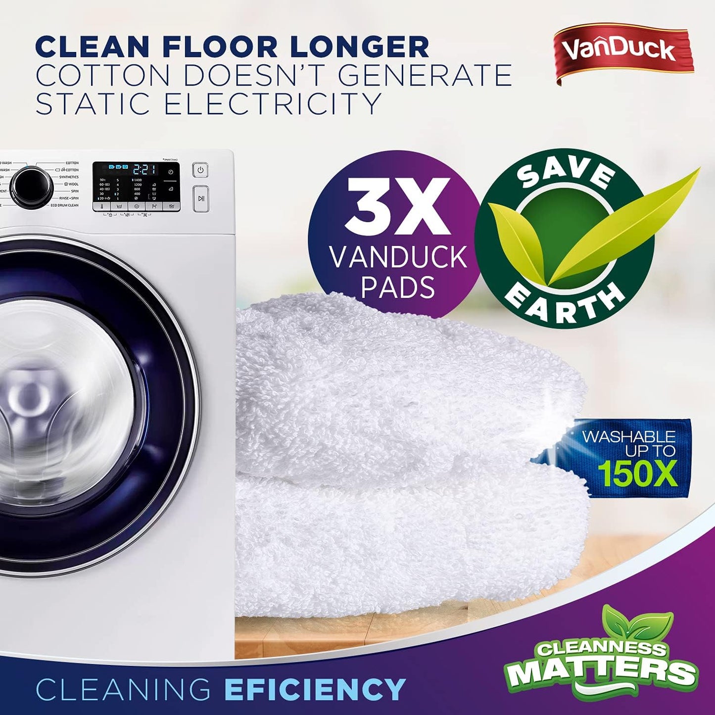 VanDuck 100% Cotton Terry Mop Pads 15x8 Inches 3-Pack, Terry Cloth Mop Covers (Handle is Not Included)