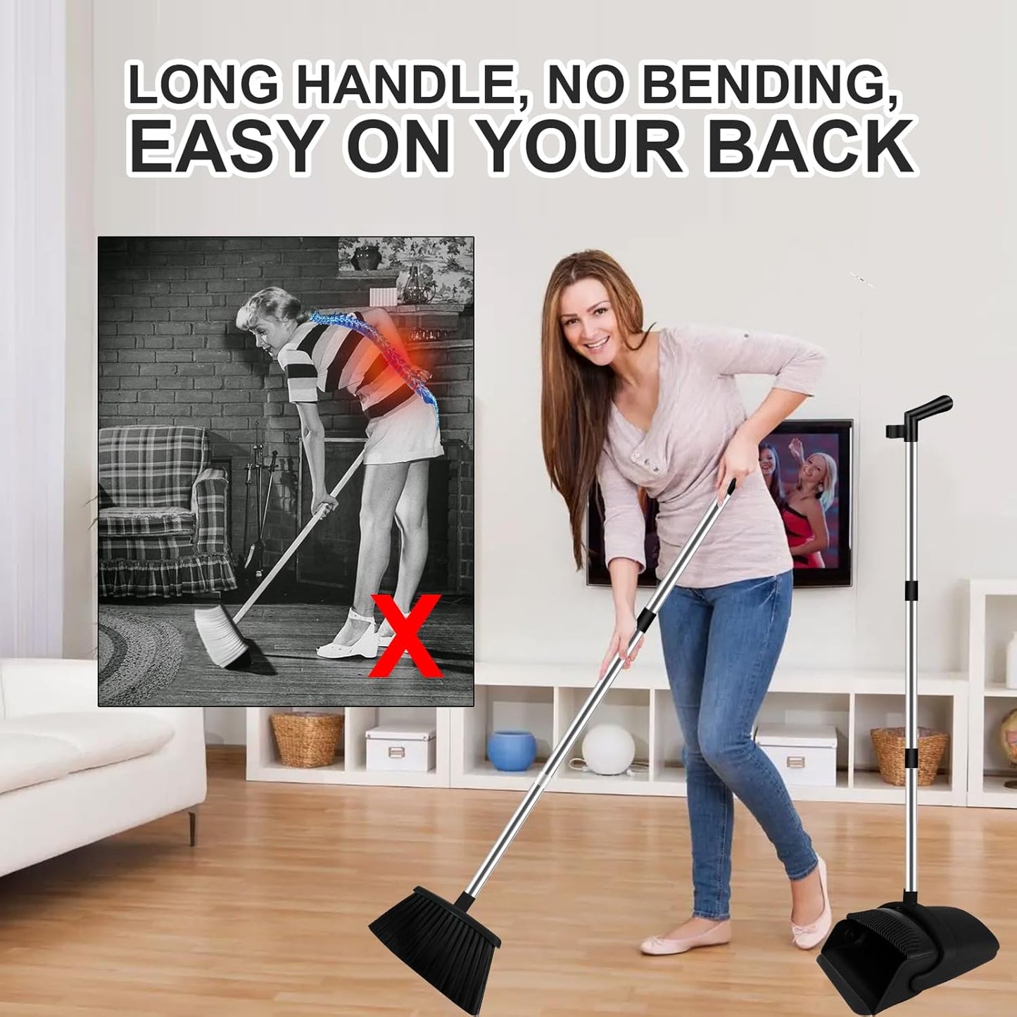 Broom and Dustpan Set, Household Broom with Dustpan Combo Set, 51" Long Handle, Dust Pan Set for Kitchen Office Lobby Floor