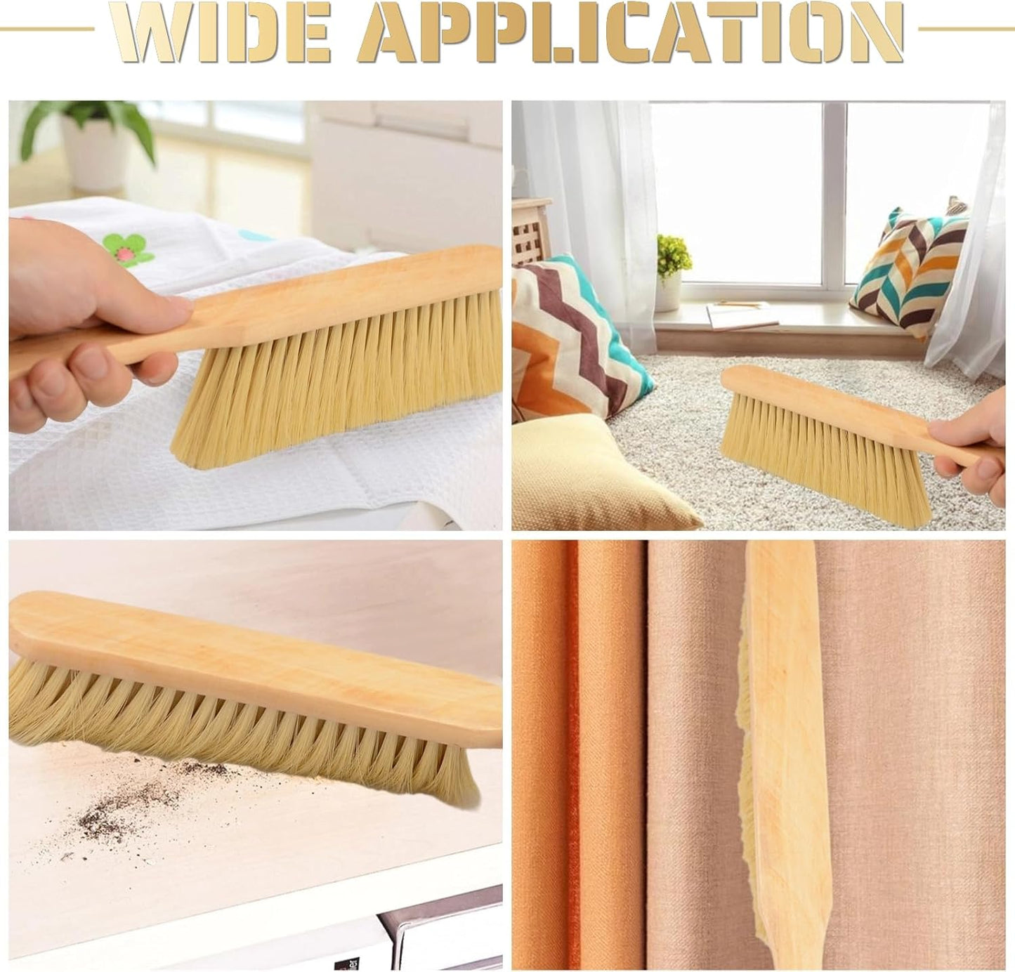 2 Pieces Woooden Dust Brush Hand Broom Bench Brush with Long Wood Handle Whisk Broom Soft Bristle Brush for Counter Bed Sofa Car Fireplace Clothes Household Cleaning(Khaki)