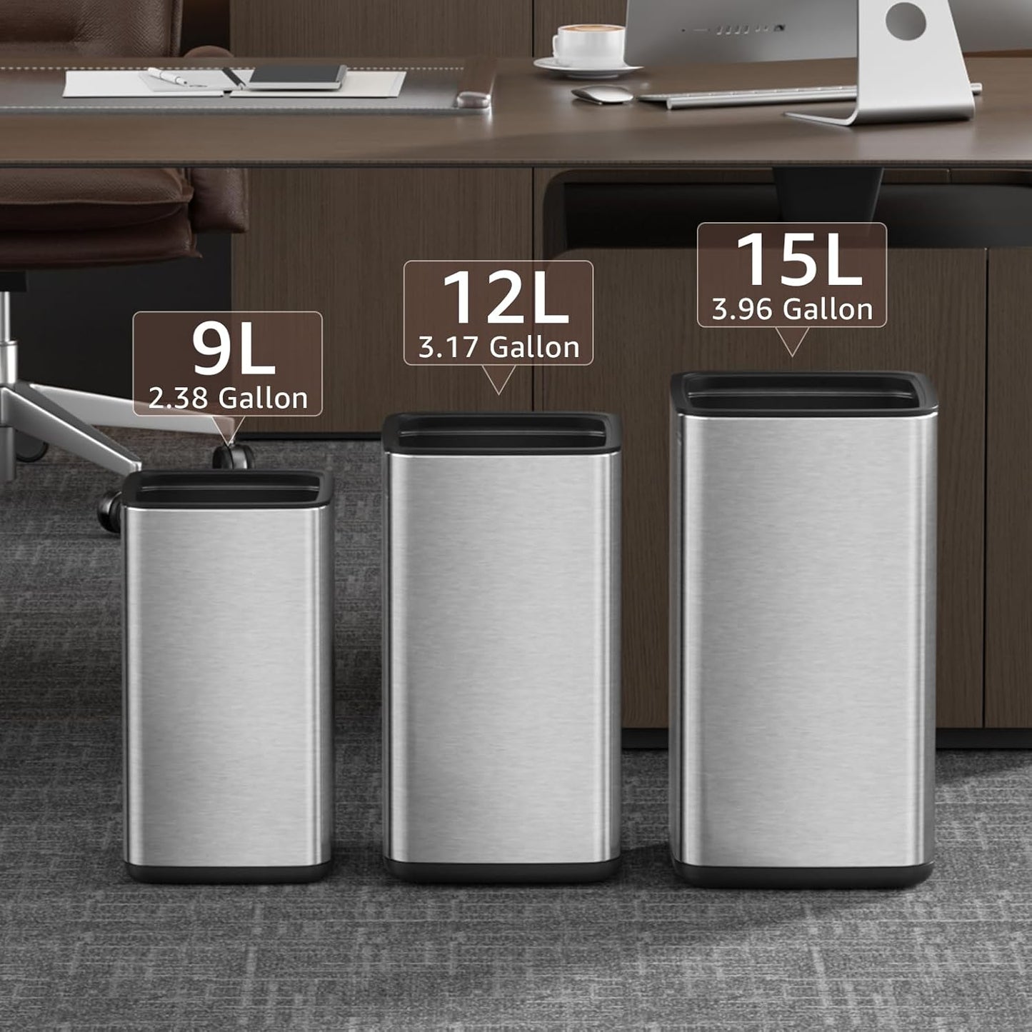 Mbillion 3.2 Gal (12L) Stainless Steel Open - Top Trash Can with Removable Inner Bucket - Sleek Metal Waste Basket for Bathroom Office, Brushed Steel