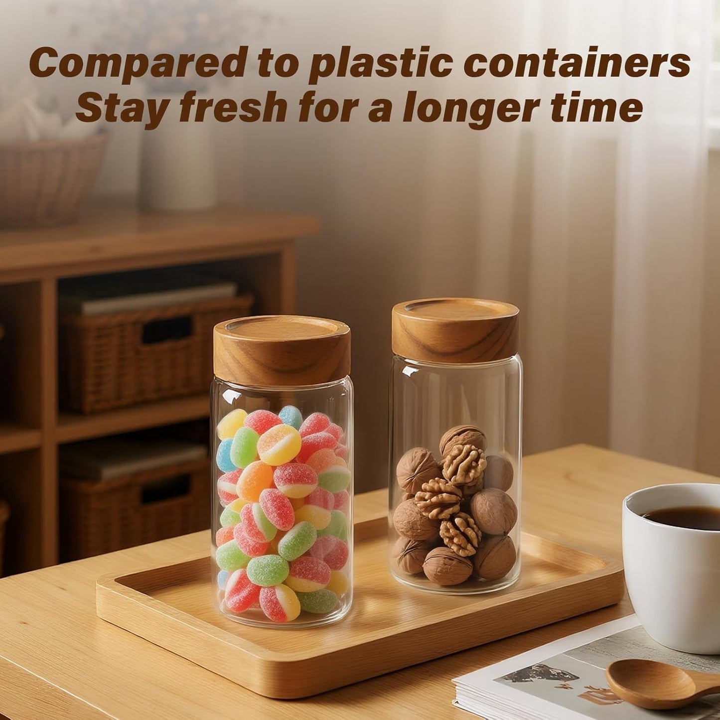 2-Pack 13 oz Glass Mason Jars with Acacia Wood Lids - Sealable, Leakproof, Clear & Stackable Food Storage Containers for Overnight Oats, Meal Prep, Flour, Sugar & Rice Storage