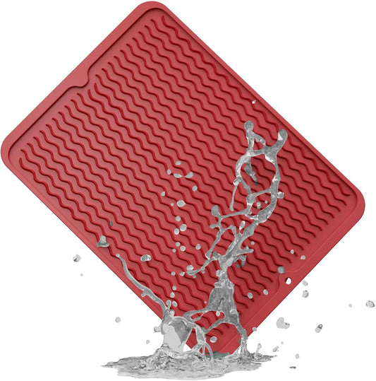 ZLR Silicone Dish Drying Mat for Kitchen Counter, Eco-Friendly Fast Dry Dish Mat, Easy Clean Multi Usage Drying Matt, Heat Resistant Trivet, 12" x 16" Large, Lave Red