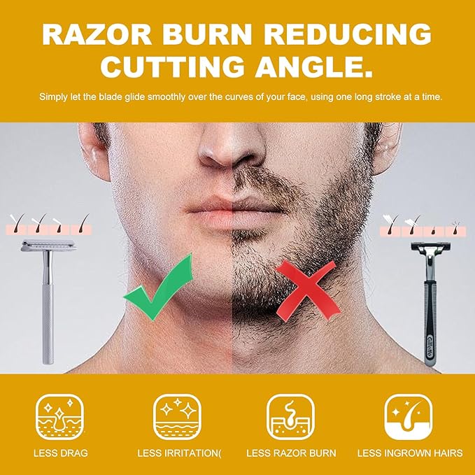 Double Edge Razor, Safety Razor With 10 Premium Stainless Steel Reusable And a Beard Bib,Transparent Packaging Box Single Blade Razors For Men and Women, Smooth Wet Shave Experience,Silver