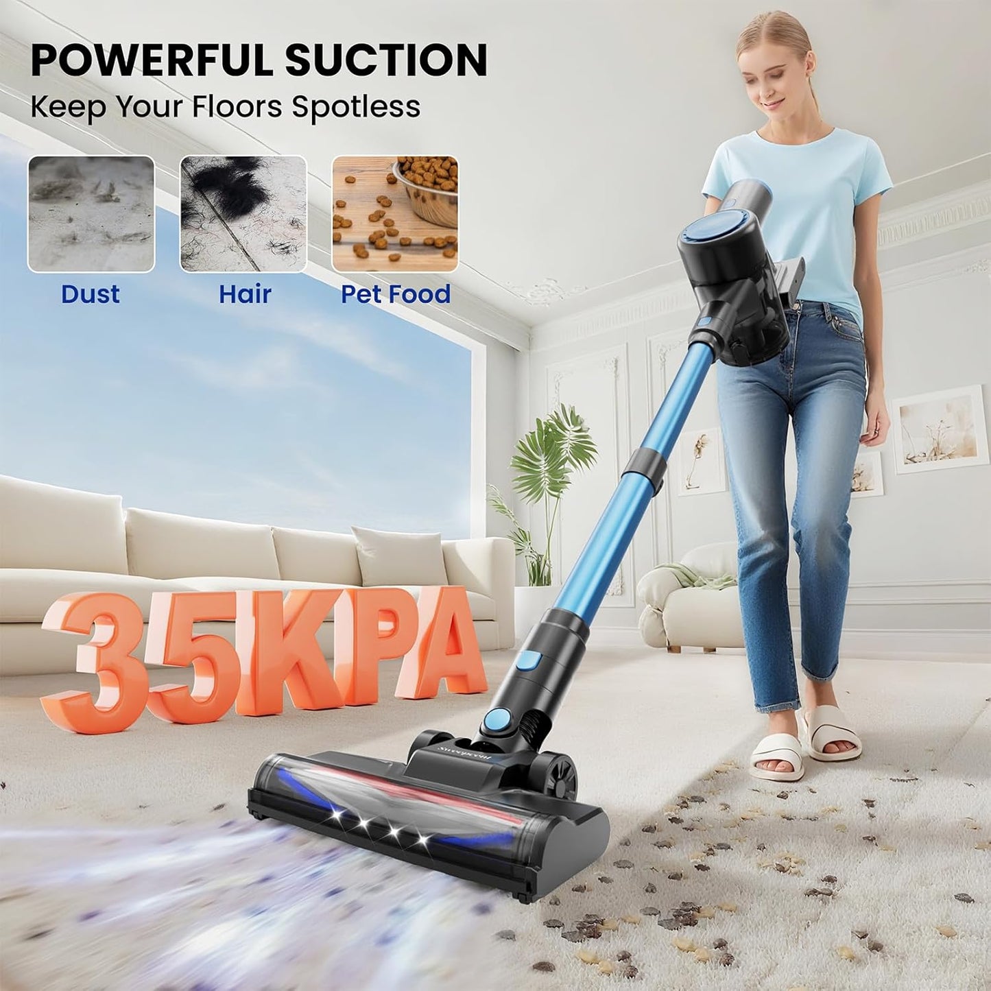 Cordless Vacuum Cleaner with 35Kpa Suction, Battery Vacuum Cleaner with LED Headlight & Anti-Tangle Brush, 6in1 Lightweight Cordless Vacuum for Home, Pet Hair, Hard Floors, Carpet