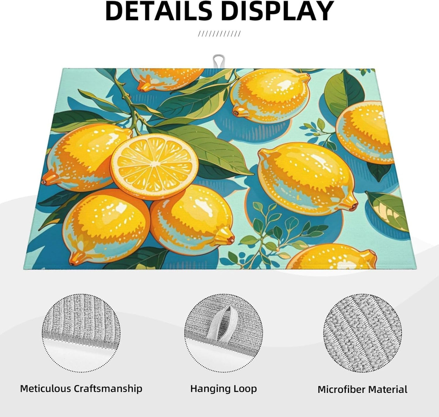 lemon Dish Drying Mat Highly Absorbent Double-Sided Microfiber with Hanging Loop Reversible Drain Dish Rack Mat Drain Mat Suitable for Kitchen Countertop Coffee Bar 18 x 24 Inch