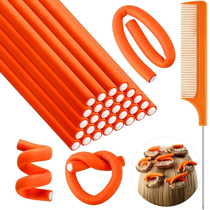 Syhood 30 Pcs 7'' Flexible Curling Rods Twist Foam Hair Rollers Soft Foam No Heat Hair Rods Rollers and 1 Steel Pintail Comb Rat Tail Comb for Women Long Short Hair(Orange,7 x 0.3 Inch)