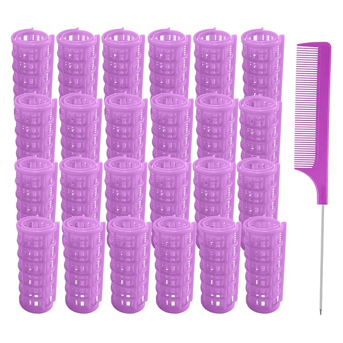 24PCS Plastic Hair Rollers Set 2.0cm/0.8in Heatless Rollers Hair Curlers Snap on Rollers Self Grip Rollers Hairdressing Curlers Tools for DIY Hairdressing Hair Salon (Purple)