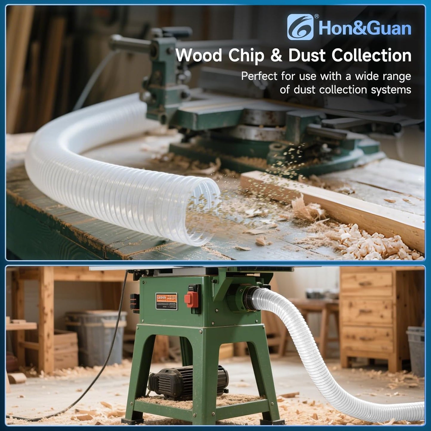Hon&Guan 4" x 20' Dust Collection Hose, Flexible Clear Odorless PVC Dust Collector Hose with Carbon Steel Wire, Puncture Resistant Dust Hoses for Woodworking Dust Collecting System