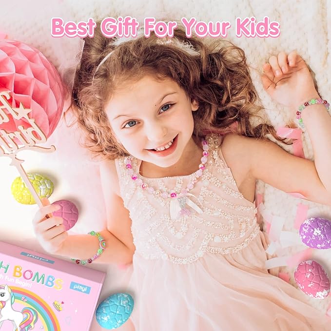 Kids Bath Bombs for Girls with Toys Inside, 12+1 Pack Unicorn Bath Bombs with Surprise Jewelry for Kids, Princess Girls BathBombs with Mermaid Necklace 3 4 Year Old Girl Birthday Easter Gifts