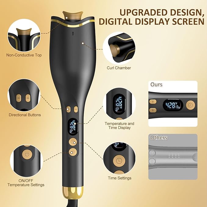 Automatic Curling Iron, Hair Curler 1" Large Slot, 4 Temperature Settings, 12s-19s Timers, Dual Voltage, Anti-Scald, Anti-Tangle, Auto Shut-Off, LCD Display, Fast Heating Easy for Use, Black