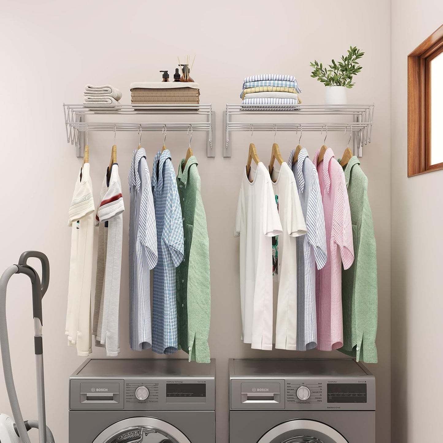X-cosrack Wall Mounted Clothes Drying Rack, 31.9" Wide Large Rustproof Retractable Laundry Drying Rack, 8 Bar Space-Saving Aluminium Alloys Clothing Hanger Drying Racks forLaundry (Silver)