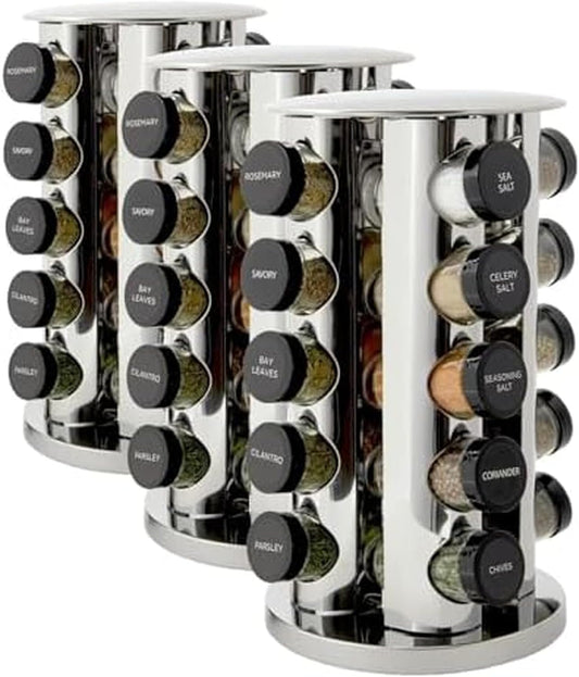 Kamenstein 20 Jar Revolving Countertop Spice Rack with Spices Included, FREE Spice Refills for 5 Years, Polished Stainless Steel with Black Caps, 30020 (Pack of 3)