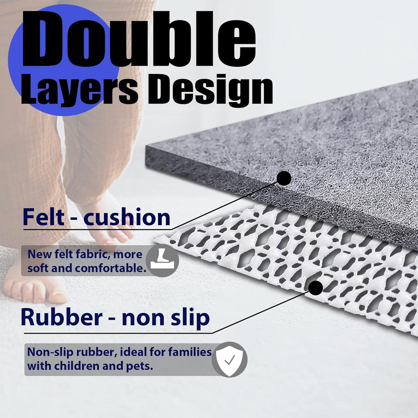 Non Slip Rug Pad Grippers - 4x6, 1/4" Thick, Felt + Rubber Double Layers Area Carpet Mat Tap, Provides Protection and Cushioning for Hardwood or Tile Floors