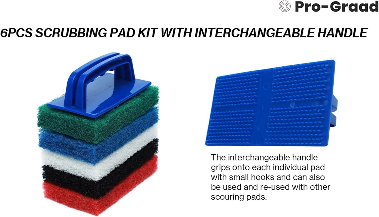 6pcs Scrubbing Pad Kit Interchangeable Reusable Handle | 5 Different Scrubbing & Scouring Pads: Red, White, Blue, Green, Black | for Bathroom, Kitchen, Grill, Teak, Boat Hull Bottom Cleaning