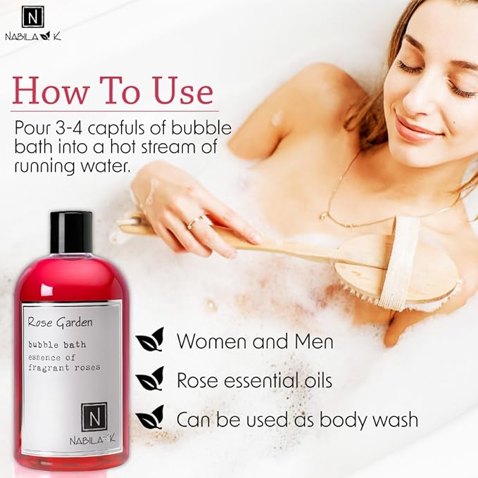Rose Garden Bubble Bath by Nabila K - Essential Oils with Natural Ingredients for Sensitive Skin, Tear-Free, Gentle, Moisturizing - Luxury for Women & Men, 16 oz