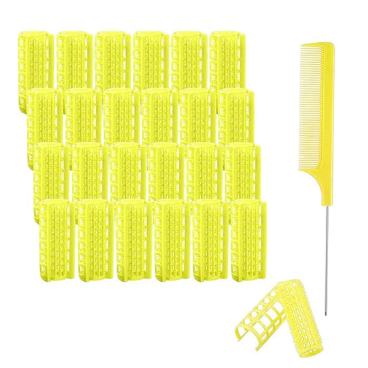 24PCS 0.8in/2cm Small Snap-On Heatless Self-Grip Hair Rollers Set with Mini Comb for Short, Thin, Fine Hair (Yellow)