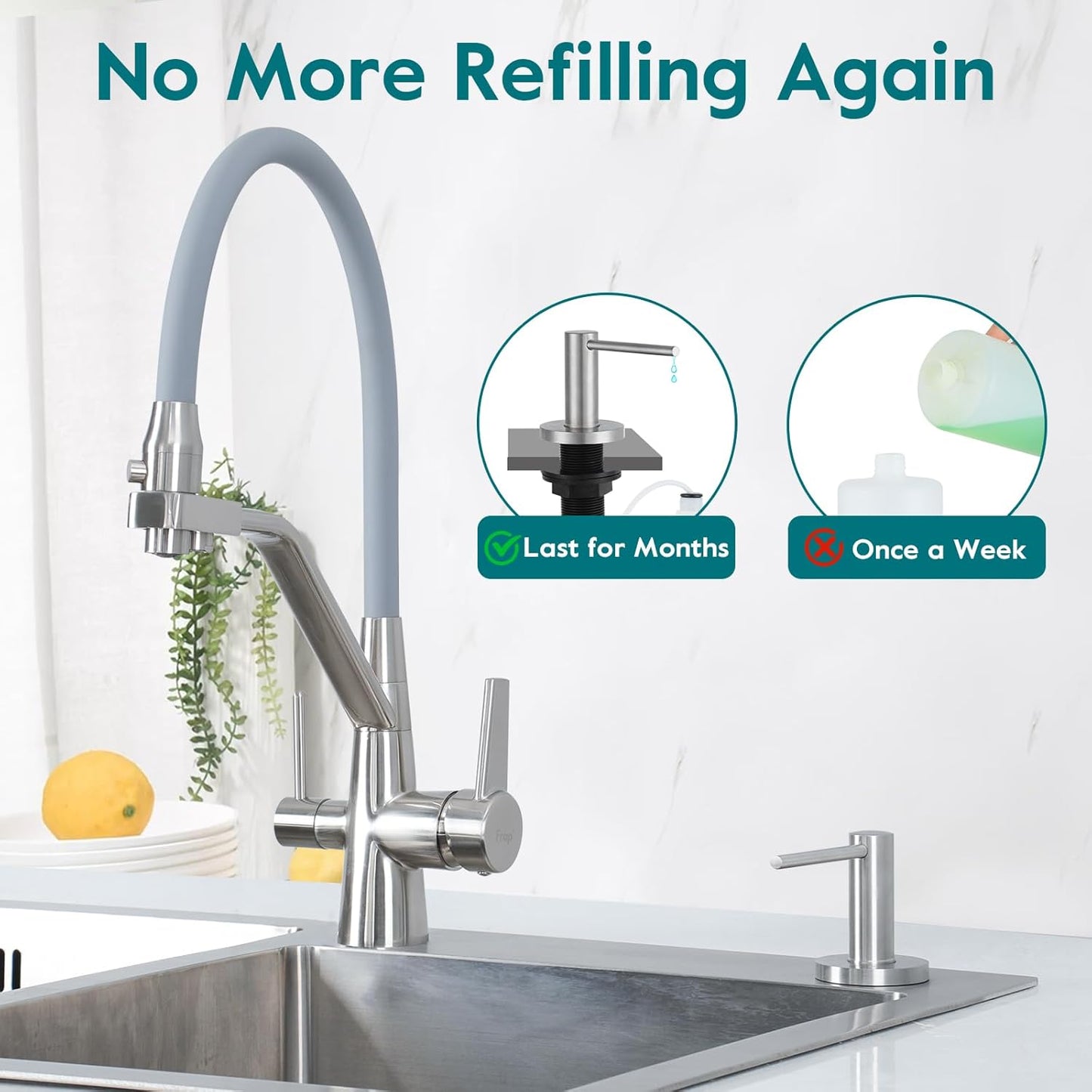 Gappo Upgraded Soap Dispenser for Kitchen Sink Brushed Nickel, Stainless Steel Countertop Pump, Built in Sink Soap Dispenser with 47" Extension Tube kit