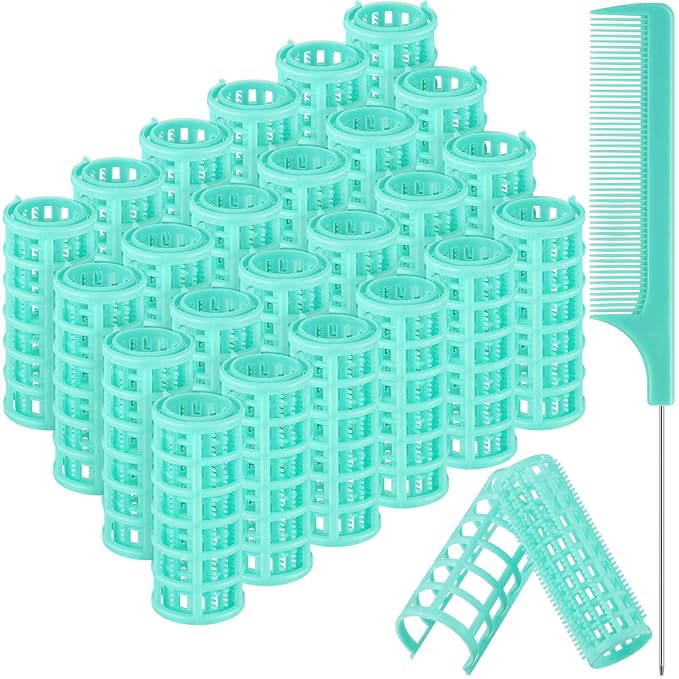 Syhood 24 Pieces Hair Roller, Small Size Plastic Hair Rollers Curlers with Steel Pintail Comb for Short Long Hairdressing Styling Tools (0.98 x 2.67 Inch, Light Green)
