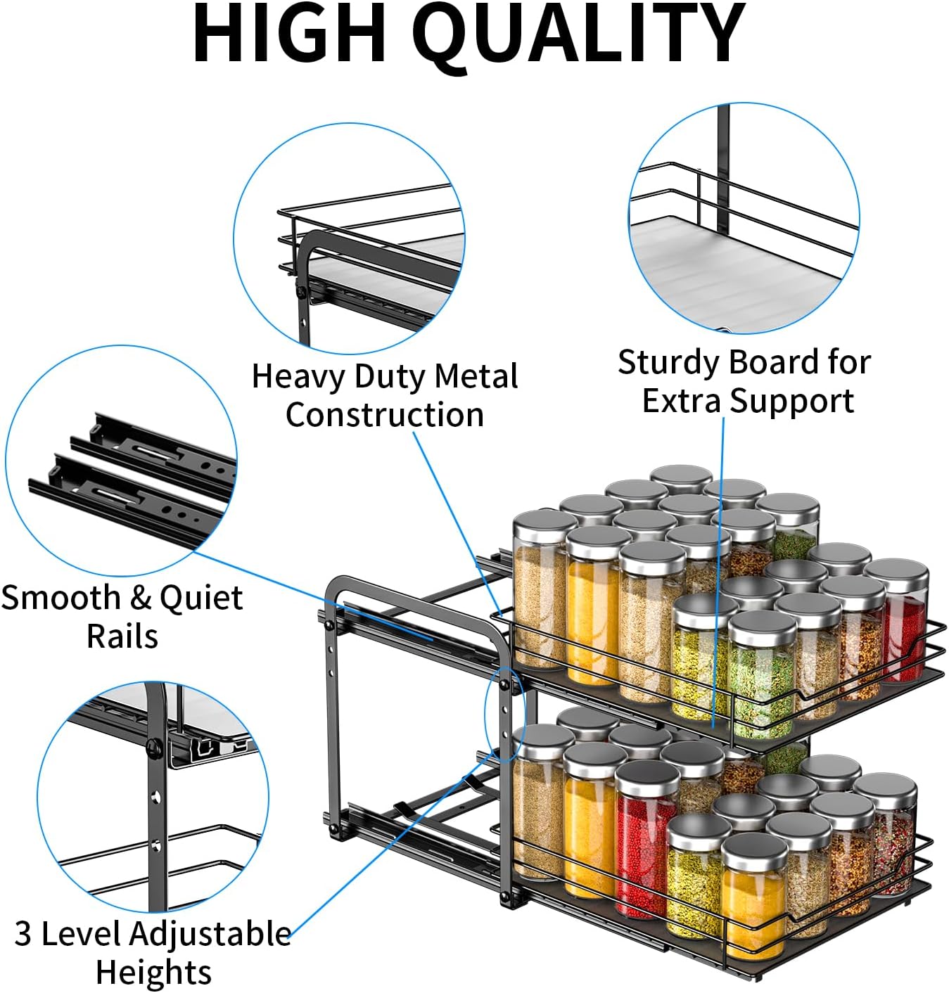 RCHYFEED Spice Rack Organizer for Cabinet, 2 Tier Pull Out Spice Racks for Inside Cabinets & Pantry, Height Adjustable Heavy Duty Vertical Spice Shelf for Seasoning Organizer(9.5" Wx10.5 Dx9.5 H)