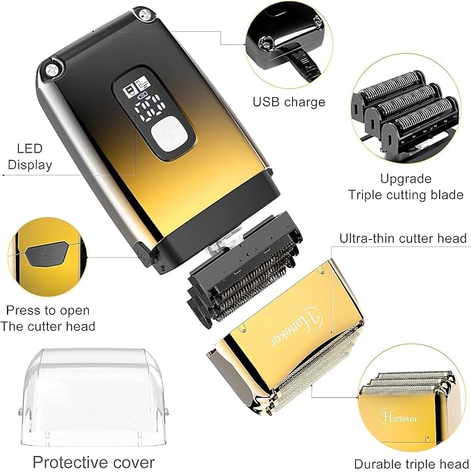Hatteker Foil Shaver Bald Head Shaver Electric Shaver Razor for Men Precision Trimmer Beard Clipper Triple Blades Waterproof Cordless