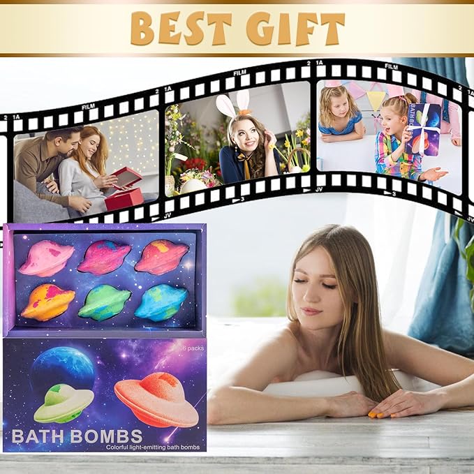 Light Up Bath Bombs with Surprise Light Cube Inside 18 Set 4 Ounce Big Size Romantic Saturn Natural Organic Saturn Bubble Bath Shower Bomb for Women Handmade Bubble Relaxing Spa Gift Bath Skin (6PCS)
