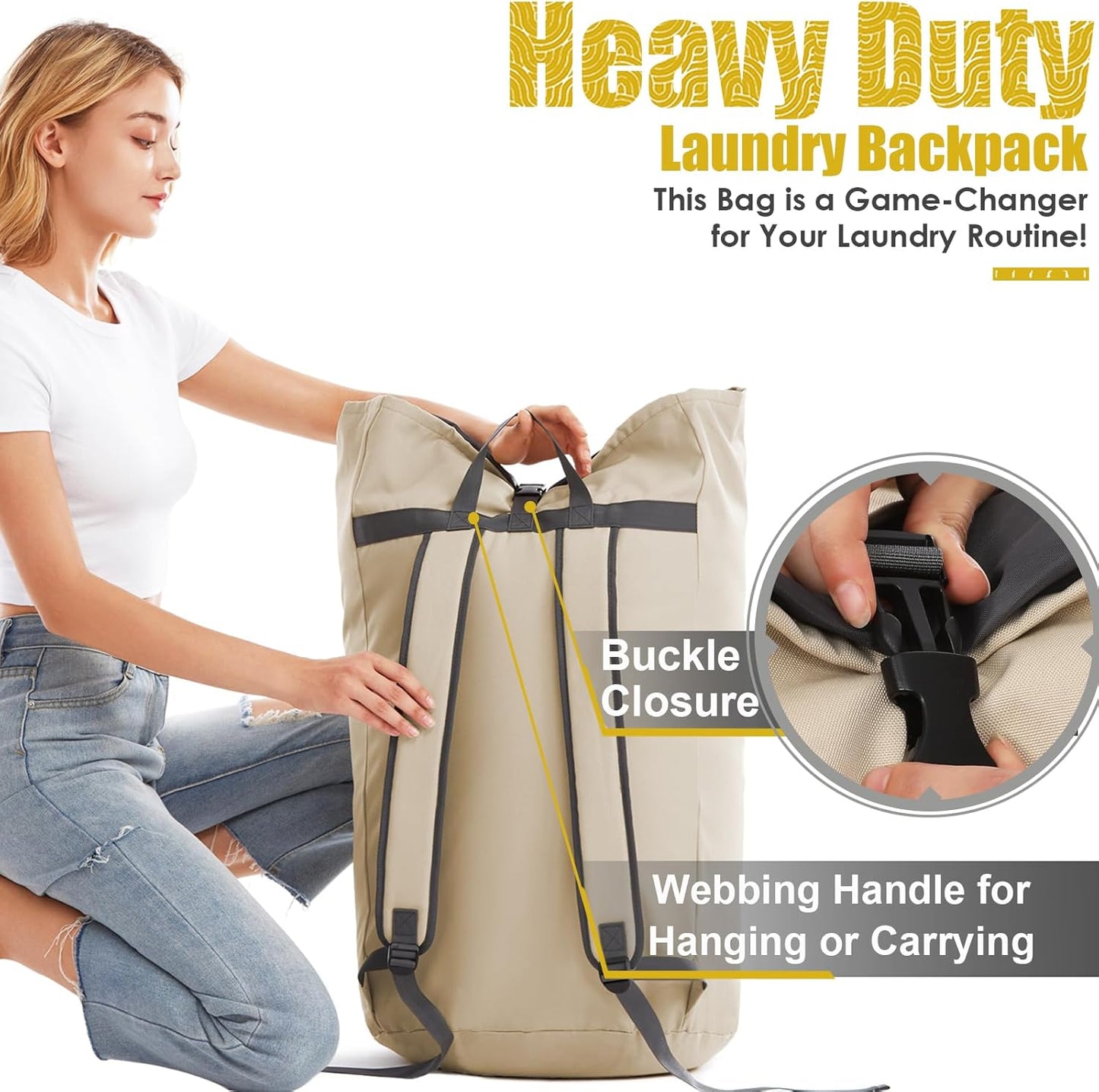 Heavy Duty Laundry Bag 115L, Sturdy Laundry Backpack Bag Extra Large, Dorm Room Essential for Guys, Khaki Laundry Bag Backpack for Camp, XL Laundromat Bags, Laundry Duffel Bag for College