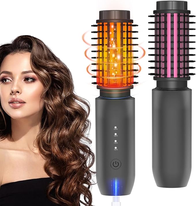 Cordless Hair Curling Iron Brush, Travel Hot Straightener Comb Curl Brush, 3-in-1 Portable Curling Iron Cordless Wand, USB Rechargeable Curling Wand-Blush(Gray)