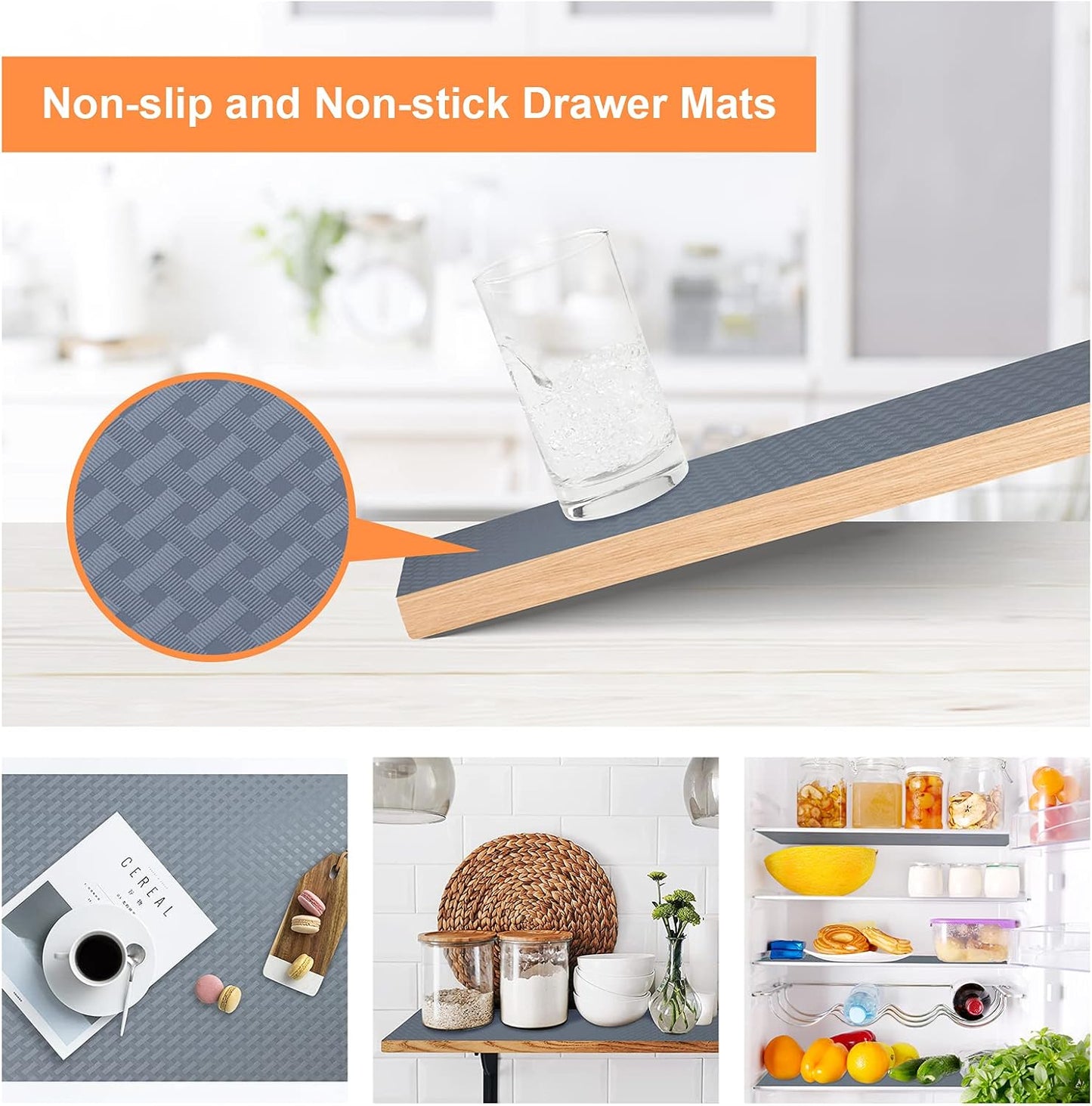 Shelf Liners for Kitchen Cabinets Refrigerator Liners Waterproof & Oil-Proof Kitchen Cupboard Liner Non-Slip Drawer Mats EVA Material Non Adhesive Fridge Mats for Shelves 17.3 x 393.7 Inches