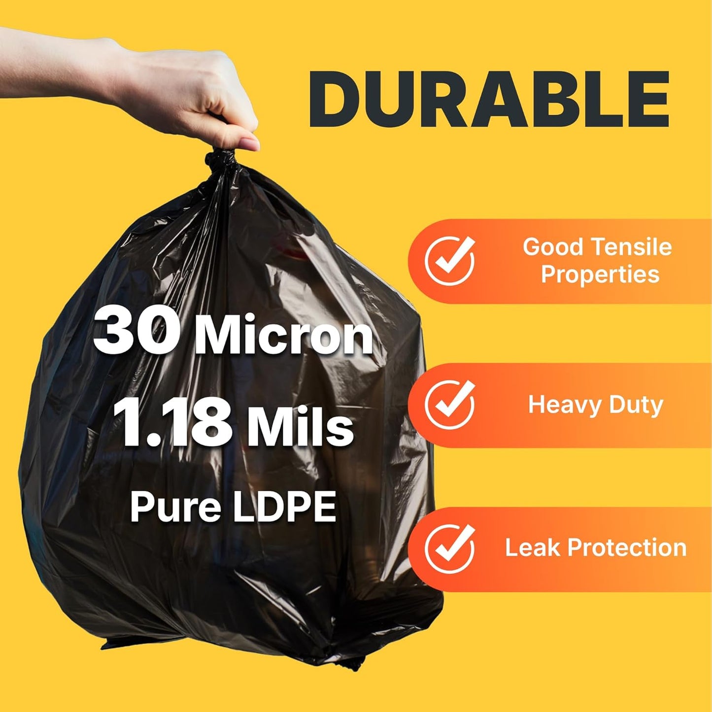 33 Gallon Trash Bags, 30 Micron Heavy Duty Pure LDPE Garbage Can Liners, 33" x 39" Large, Black, 100 Count