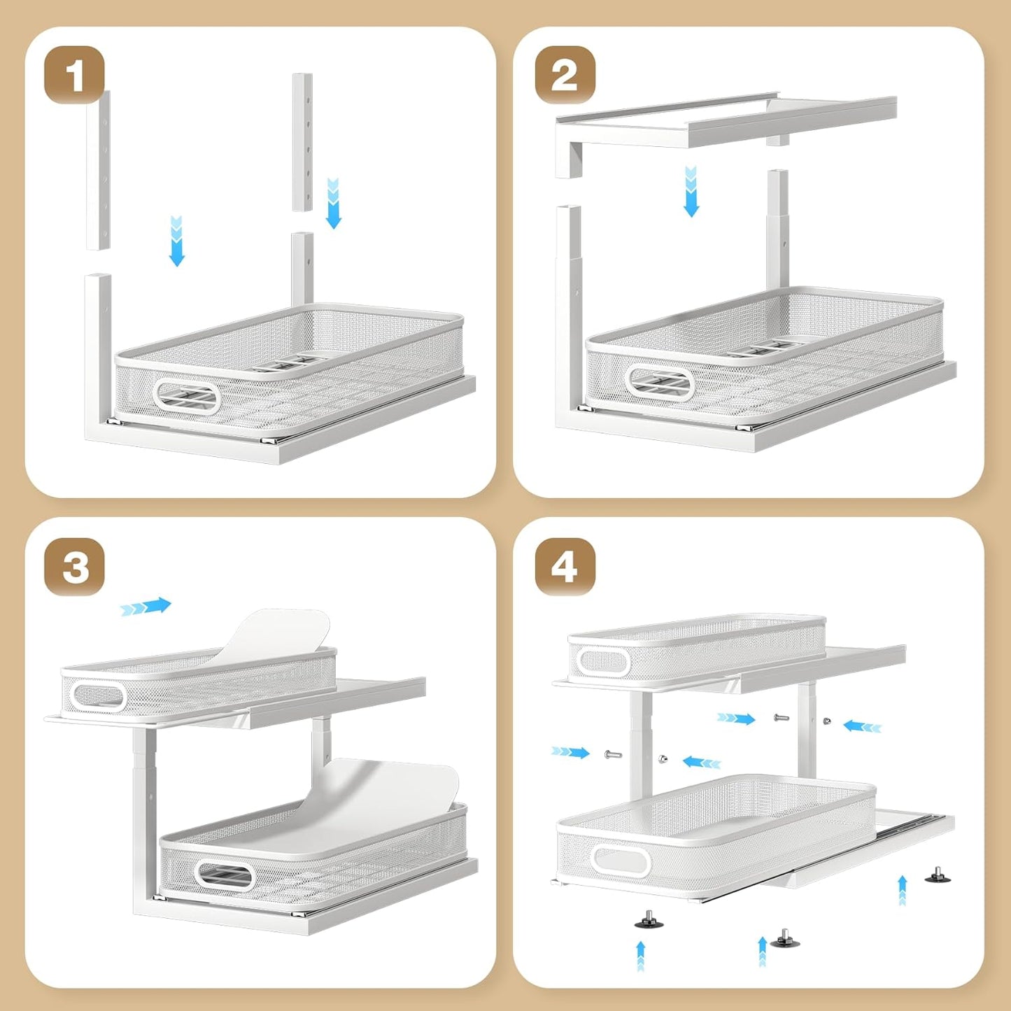 2-Pack 18.5 IN Depth Under Sink Organizer With Next-Gen Ball-Bearing Slides,Sophisticated Mesh 2-Tier Pull Out Shelf for Kitchen & Bathroom,Fits Small Items-White(Patented)