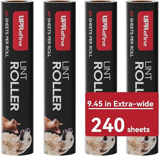 Large Lint Roller Refill 240 Sheets(4 Pack) Value Set, Extra Sticky, Easy Tear for Lint Remover, 9.45 in Pet Mega Extreme Stick Refill for Floor Roller Cleaning for Pet Hair