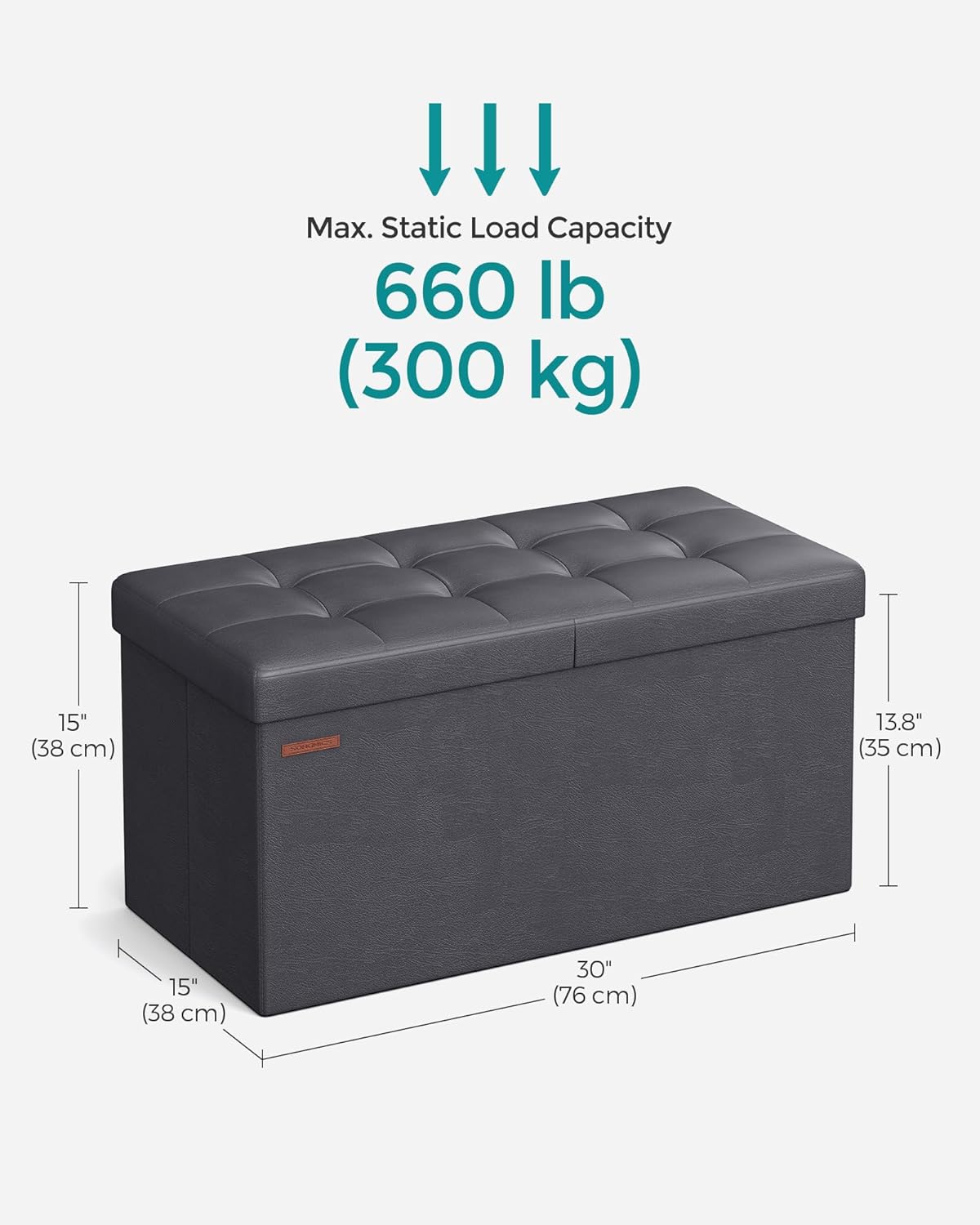 SONGMICS MAZIE Collection - 30 Inches Storage Ottoman Bench with Flipping Lid, Storage Chest Footstool, Load 660 lb, for Entryway, Living Room, Bedroom, Synthetic Leather, Dark Gray ULSF045G01