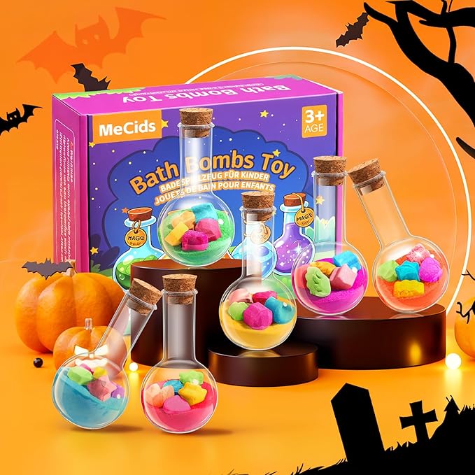 MeCids Magic Potion Bubble Bath Bombs for Kids -Bath Color Tablets Bath Potions for Toddlers Ages 4-12 Fun Science Kit Gift for Birthday, Halloween，Christmas- 6 Pack (Shaped Gems & Stars)