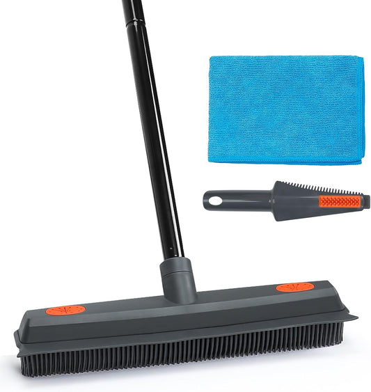 MAVRIZ Rubber Broom Carpet Rake for Pet Hair Removal, Pet Hair Broom for Hardwood Floor, Fur Remover with Squeegee