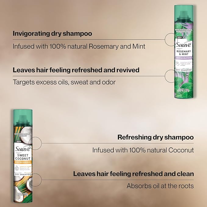 Suave+ Dry Shampoo Spray Variety 2-Pack – Invigorating Rosemary & Mint, Refreshing Sweet Coconut, 4.3 Oz Ea
