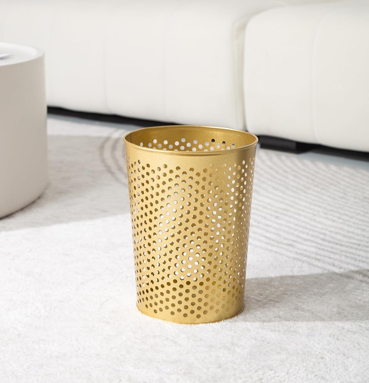 Small Gold Metal Trash Can Wastebasket, Decorative Hollow-Out Garbage Can Waste Paper Bin, Modern Farmhouse Round Trash Bin for Bathroom, Bedroom, Kitchen and Office (Dots)