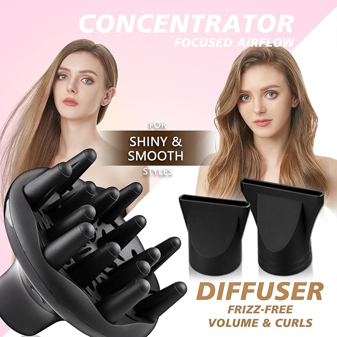VAGARY Professional Salon 2200W Blower Dryer with Diffuser Concentrator Nozzles,Negative Ionic Blow Dryer,Low Noise Hair Dryers,2 Speeds and 2 Heat Settings 1 Cool Shot Button