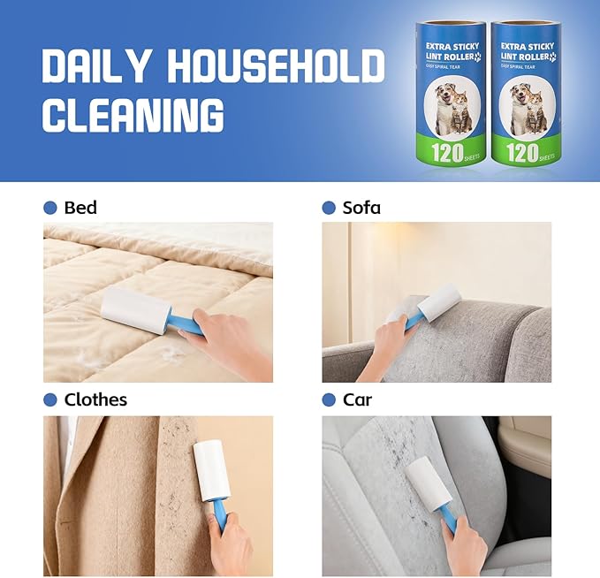 Extra Sticky Lint Roller Refills 6 Pack (720 Sheets) fit 3.8"-4" Standard Size Lint Roller Sticker with Handle, Inner Diameter at 1.5" for Pet Hair, Clothes, Furniture, Cars