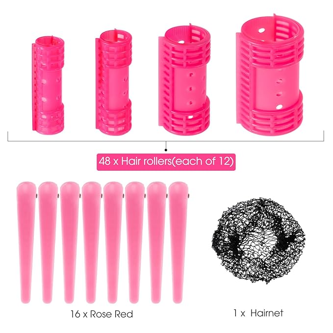 WILLBOND 65 Pieces Rollers Plastic Rollers Hair Curlers Set 4 Sizes for Long Medium Short Hair, Duck Clips Hairnet Hairdressing Styling Tool(Pink)