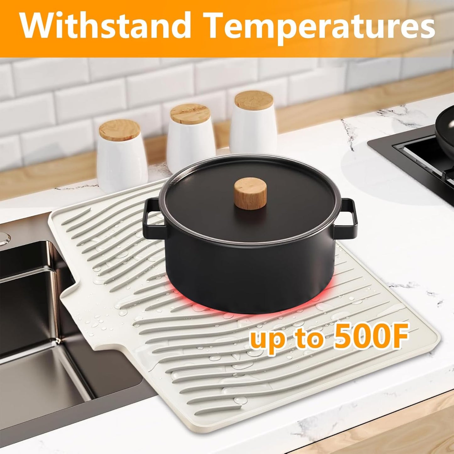 Silicone Dish Drying Mat for Kitchen Counter, Dish Drainer Mat, Non-Slip Drying Pad with Built-in Drain, Kitchen Drying Matt For Counter(18.9" x 11.8", Cream)