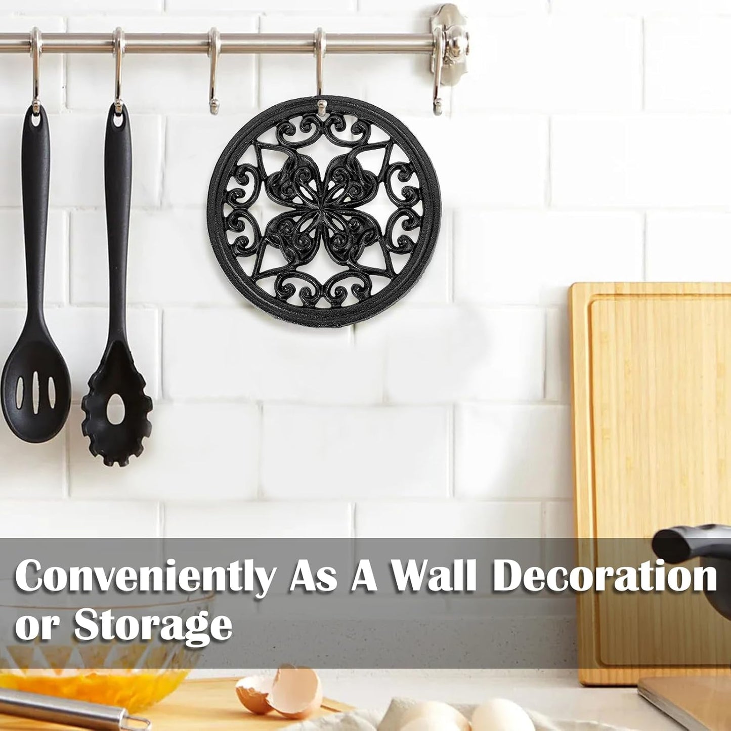 JUXYES 2 PCS Decorative Cast Iron Metal Trivet with Rubber Feet, Vintage Heat Resistant Iron Mat for Hot Dish Pot Pan Plate Teapot, Round Trivet Mat Hot Pot Holder Pads for Kitchen Or Dining Table