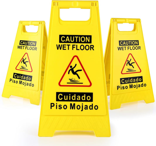 3-Pack Caution Wet Floor Sign,17.5" Height,Bright Yellow Double-Sided Folding A-Shaped Frame Design, Bilingual Caution Message