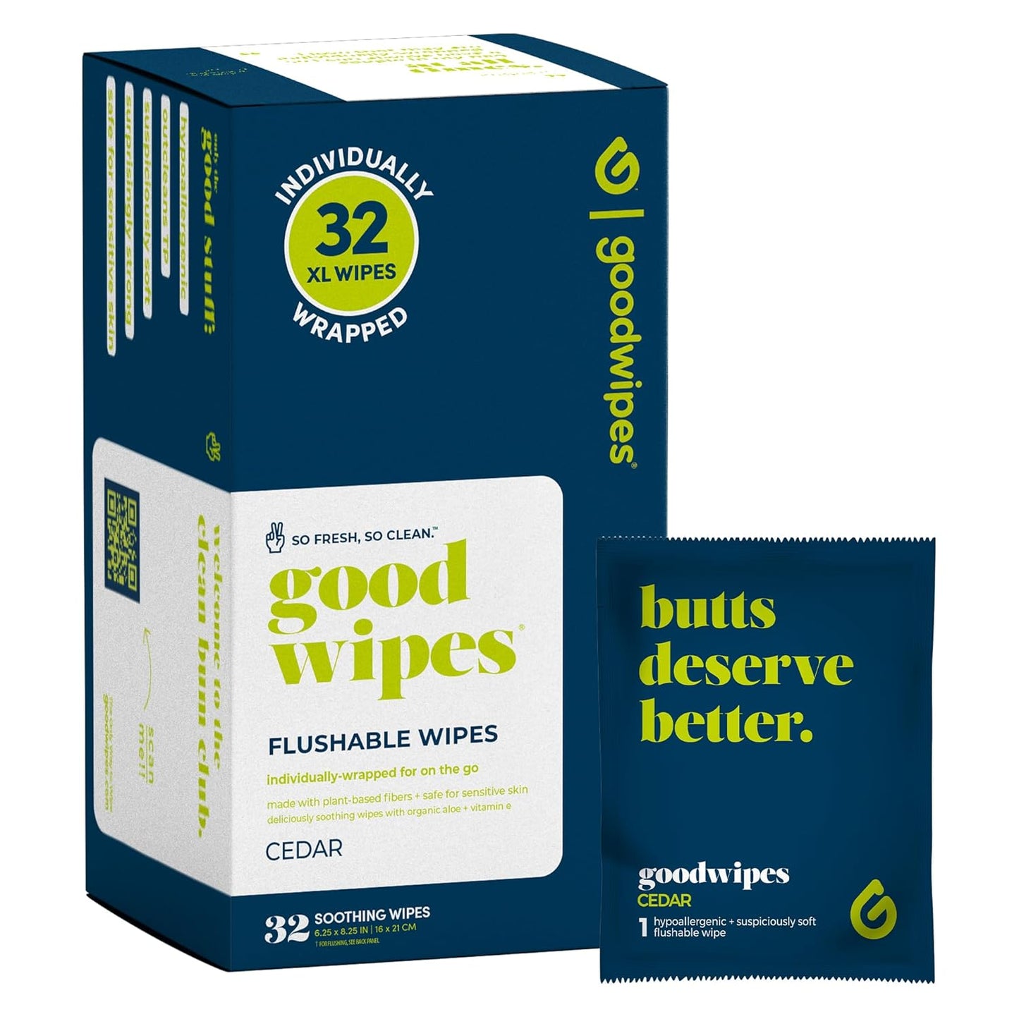 goodwipes Flushable Wipes - Individually Wrapped Butt Wipe for On-the-Go Adults - Portable Mini Wipes - Travel Essentials - Sewer & Septic Safe - Cedar, 32 Count (1 Pack)