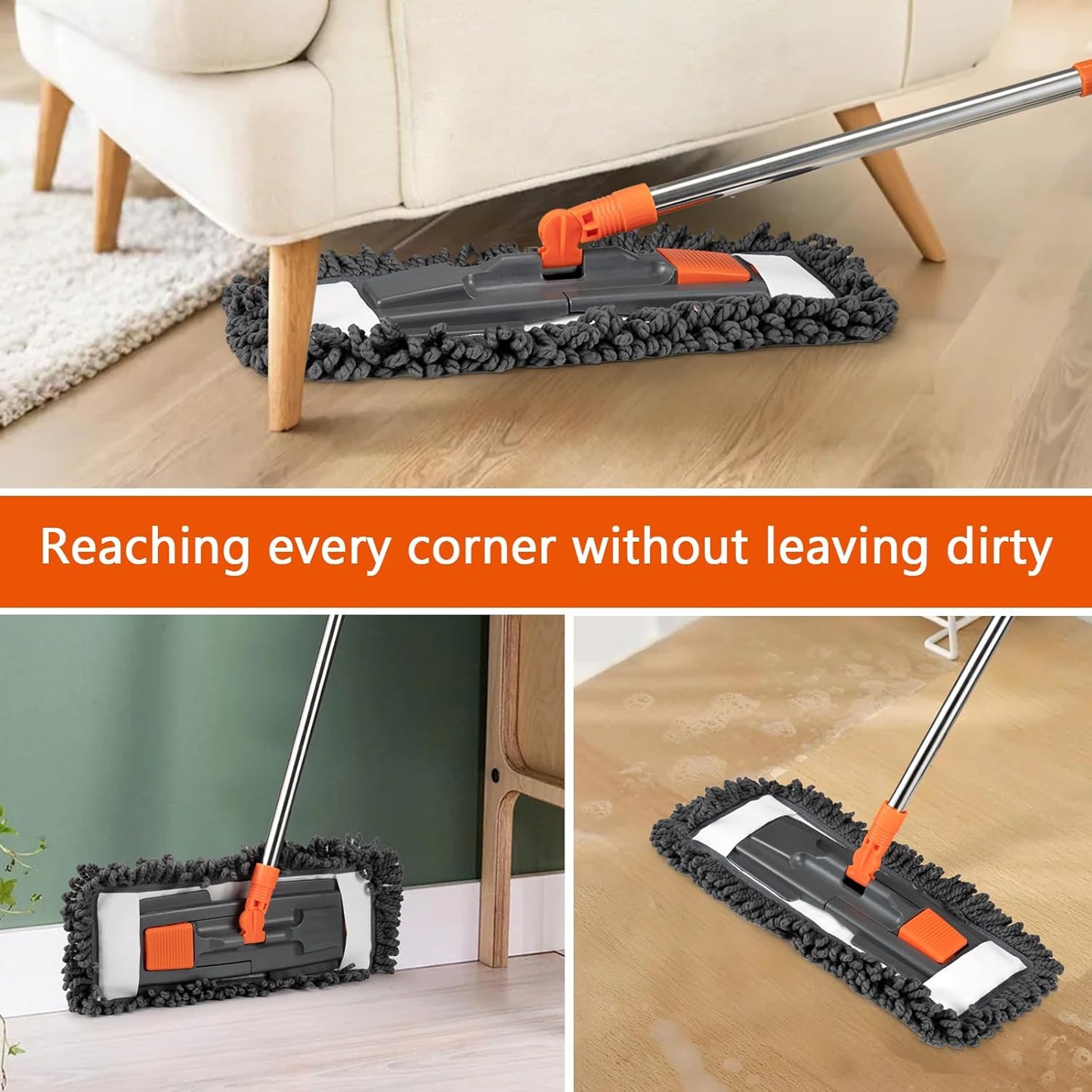 Dust Mop for Floor Cleaning with 3 Washable Pads (Chenille, Terry Cloth, Microfiber) and 55” Long Stainless Steel Handle,Microfiber Mop for Hardwood Floors, Tile, Marble Floors